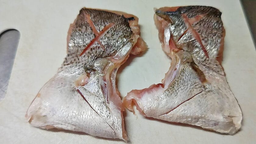 皮目に切り目を入れておく｜若狭柚庵焼,レシピ,釣果メシ