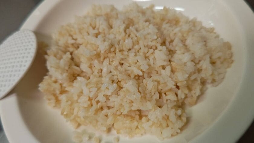 玄米ごはんを敷く｜タンドリーフィッシュのサラダライスボウル,釣果メシ